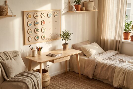 Cozy bedroom learning corner with Montessori educational wall chart