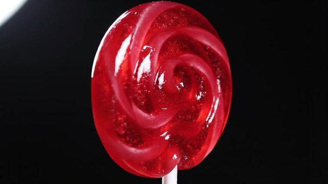 Red Swirl Lollipop Rotating Against Black Background
