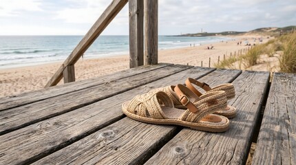 Fototapeta premium Woven beach sandals placed neatly on weathered wooden coastal boardwalk surface