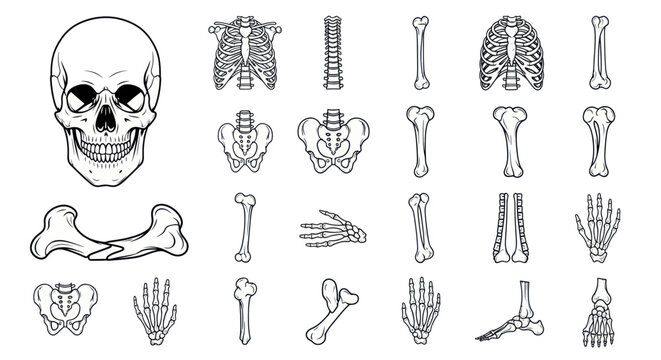 Human Skeleton Anatomy Illustration: Skull, Ribs, Pelvis, Bones, Hands