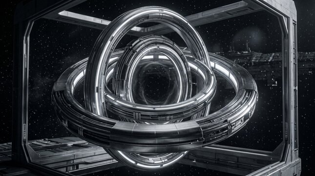 A complex, futuristic metallic device with interlocking rings rotates within a sterile, illuminated enclosure.