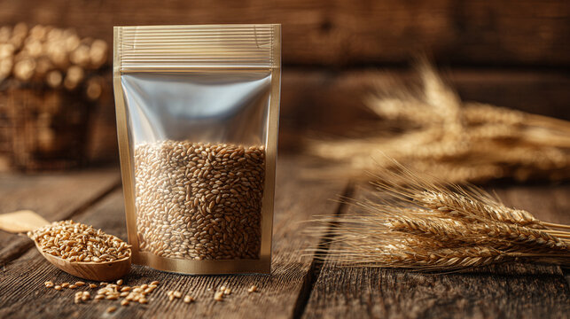 Whole wheat kernels in clear plastic pouch with wooden spoon and wheat stalks on rustic wood.