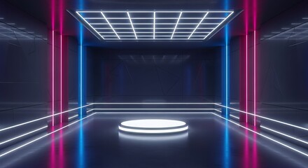 Obraz premium Empty square room with Sci Fi Modern Elegant Futuristic Cyber Neon Led Studio