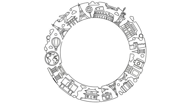 Circular frame design with hand drawn world travel landmarks and icons.