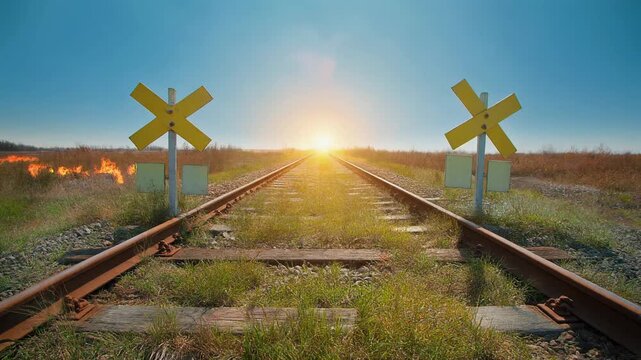 Railway Tracks Stretching Toward a Glowing Sunset 4K Generative AI
