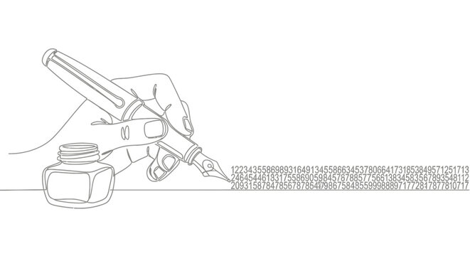 Continuous line drawing of a hand writing binary code with an old fashioned ink pen.