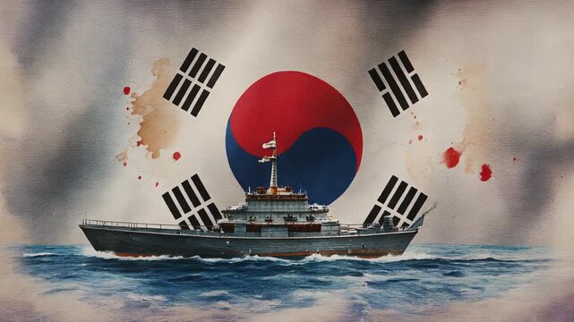 Gray Naval Vessel Sailing on Choppy Ocean Beneath Bold Circular Emblem