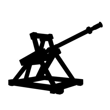 Trebuchet set with solid black silhouette of a medieval siege engine featuring sharp edges, history, warfare with silhouette and white background