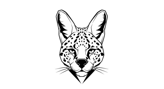 Serval Cat Face Line Art, Wild Animal Portrait, African Cat Head Illustration