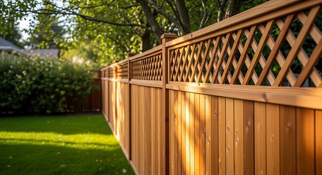 New Cedar Wood Privacy Fence with Decorative Lattice Top in Backyard.