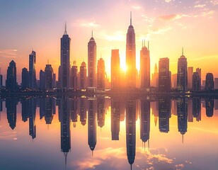 Obraz premium A serene cityscape at sunset with skyscrapers reflected in calm water (68)