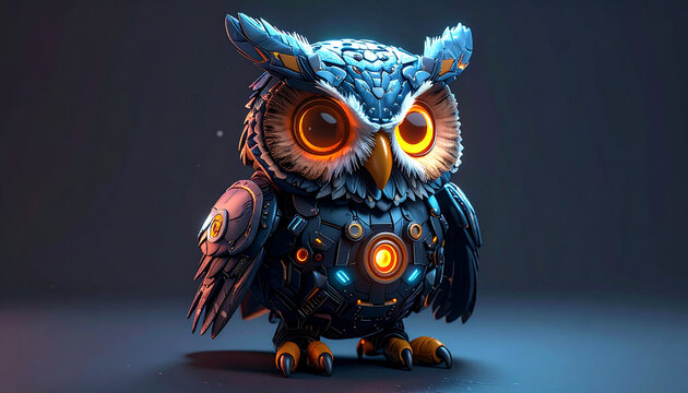 Cyborg Owl Robot with Glowing Eyes and Futuristic Body