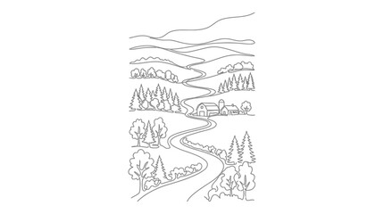Obraz premium Hand drawn landscape illustration with winding road and small houses.