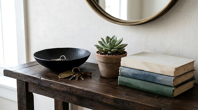 Stylish Entryway Console Table Decor with Succulent Plant, Keys in Bowl, Books, and Round Gold Mirror