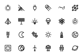 Science and Equipments icon set. Minimal thin line vector icons. Featuring orbit, satellite, rocket, solar panel, light bulb, atoms, planet earth, robot, Saturn, constellation and more. © wang