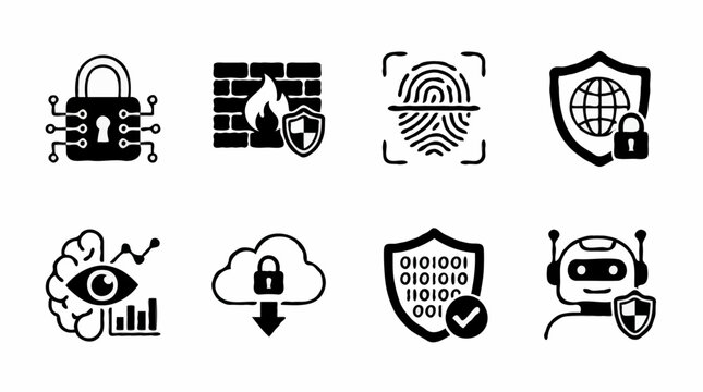 A set of cybersecurity icons in a flat, minimalist design style