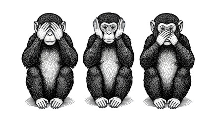 Three Wise Monkeys See No Evil, Hear No Evil, Speak No Evil Illustration © Reza