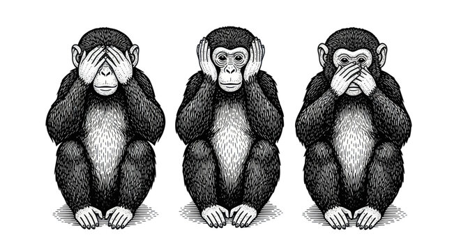 Three Wise Monkeys See No Evil, Hear No Evil, Speak No Evil Illustration