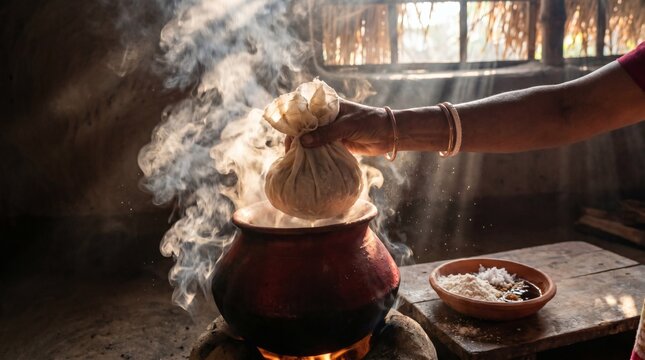 Steaming traditional Bengali bhapa pitha in a clay pot over wood fire.