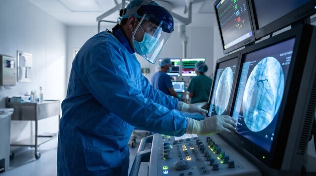 Cardiologist in face shield operating fluoroscopy during catheterization.