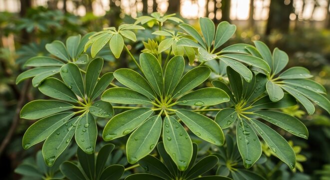 Intricate Schefflera Leaves with Water Droplets After Rain