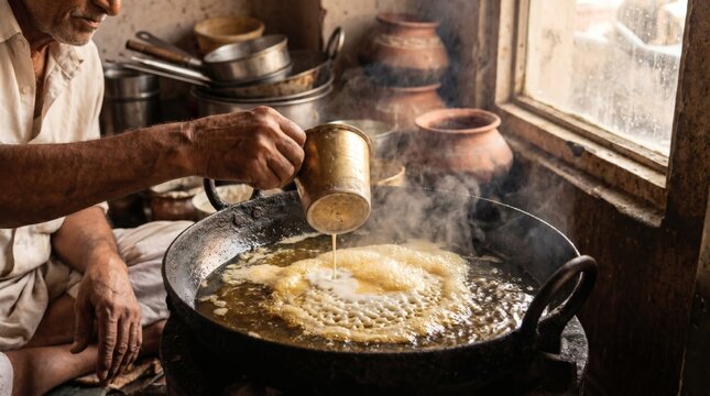 Man deep frying traditional Rajasthani Ghevar sweet in a rustic kitchen.
