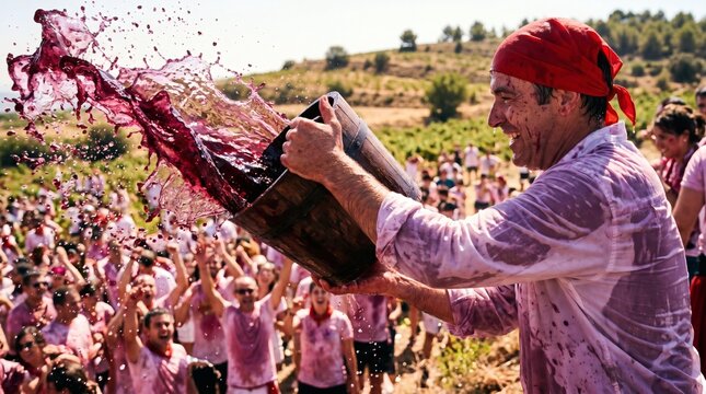 A joyful man throws a massive bucket splash of red wine at a traditional Spanish festival