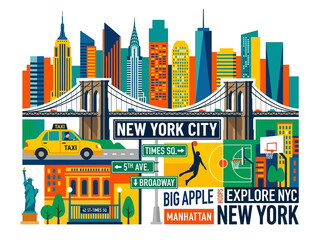 Fototapeta premium Vibrant New York City Tourism Illustration: A Colorful Collage of Iconic Landmarks, Urban Life, and Cultural Experiences