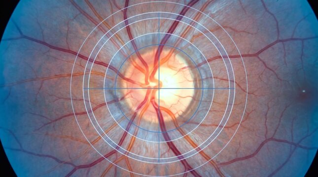 Biometric tracking overlay on digital fundus photography of an optic nerve.