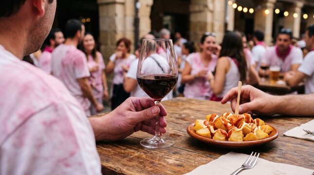 Man enjoying red wine and tapas at a traditional Spanish festival after-party