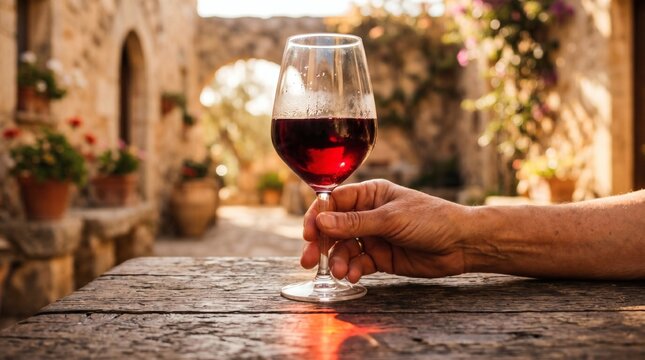 Hand holding a glass of rich red wine in a rustic outdoor Italian setting