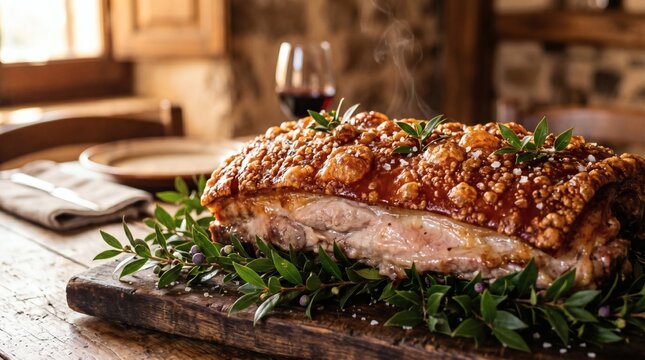 Traditional Sardinian roasted suckling pig served on myrtle for a feast