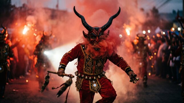 La Diablada de P&iacute;llaro devil dancer in smoky ritual parade