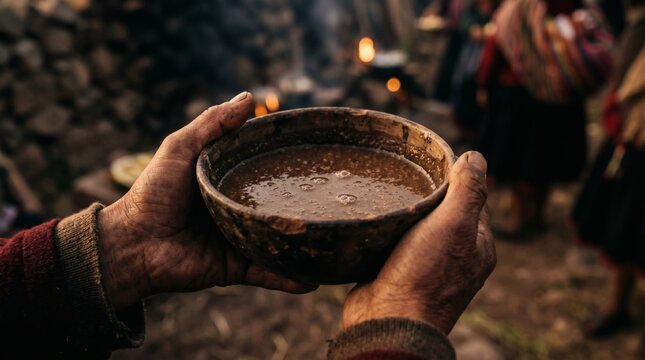 Chicha de Siete Abanicos drink held in rustic bowl at festival