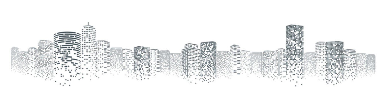 Dot matrix city skyline, abstract digital cityscape, modern technology