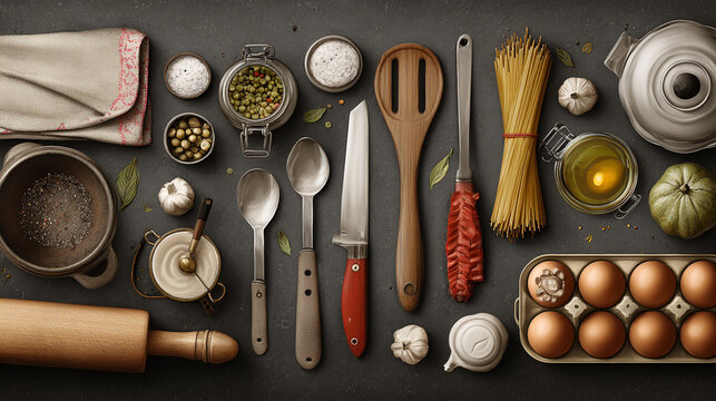 Organized kitchen flat lay with eggs, pasta, rolling pin and utensils on dark surface.