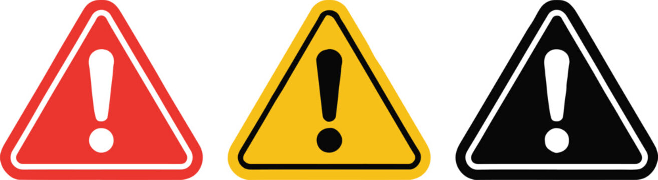 warning triangle signs icon set with exclamation mark and bold outlined graphic on white background