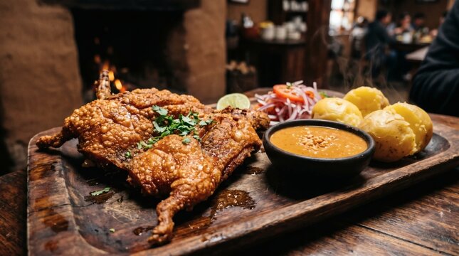 Cuy Chactado served with potatoes and sauce in rustic setting