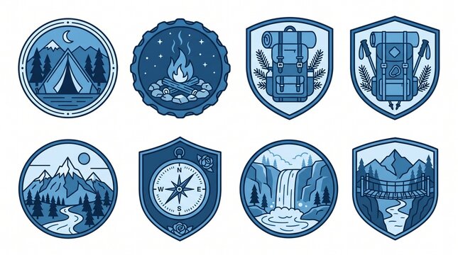 Outdoor Adventure Badges and Emblems Set: Monoline Vector Collection with Camping, Hiking, Mountain, Forest, Campfire, Backpack, Compass, Waterfall, and Suspension Bridge Designs in Blue Tones