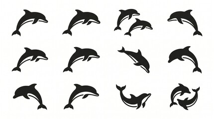 Obraz premium Set of Black Dolphin Silhouettes in Various Dynamic Poses, Marine Animal Vector Icons and Logos Isolated on White Background