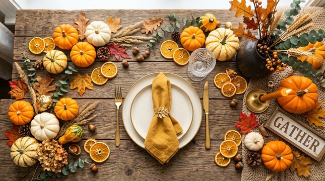 Autumn-themed table setting with pumpkins and dried orange slices