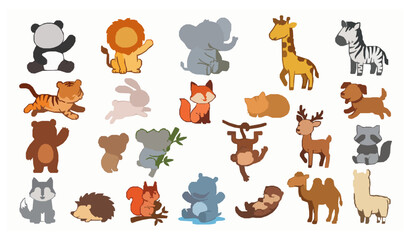 Fototapeta premium Large cute cartoon mammal vector set with colorful animal characters for kids illustrations
