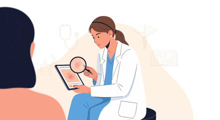 Fototapeta premium Dermatologist examines skin lesion on tablet with patient present illustration