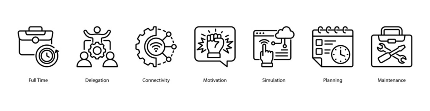 Work Efficiency web banner icon vector illustration featuring Full Time, Delegation, Connectivity, Motivation, Simulation, Planning, and Maintenance.