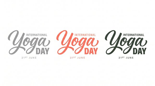 a clean, minimalist horizontal triptych of three matching logo variations for "INTERNATIONAL Yoga DAY" with the date "21ST JUNE" beneath each mark on a pure white background.