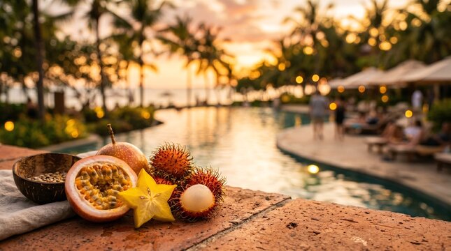 Fresh tropical fruits, golden bokeh of tropical resort pool scene at golden hour