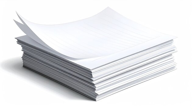 Stack of lined white paper sheets on a clean white background top pages ruffled
