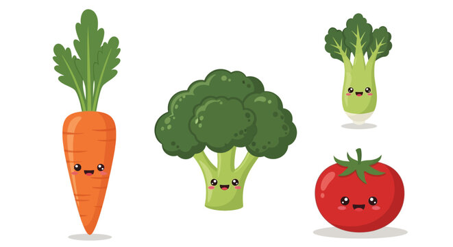 Cute Kawaii Vegetables Illustration Featuring Carrot, Broccoli, Tomato, and Bok Choy With Happy Faces
