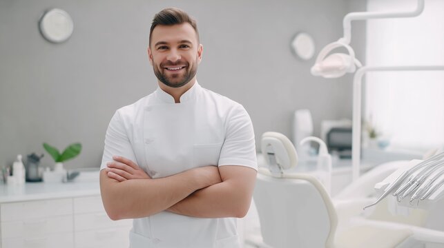 Confident dentist presenting a dental implant solution in a minimal setting