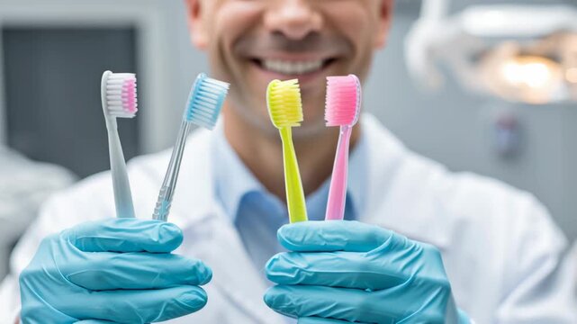 Dentist man smiling while holding colorful toothbrushes in dental office  